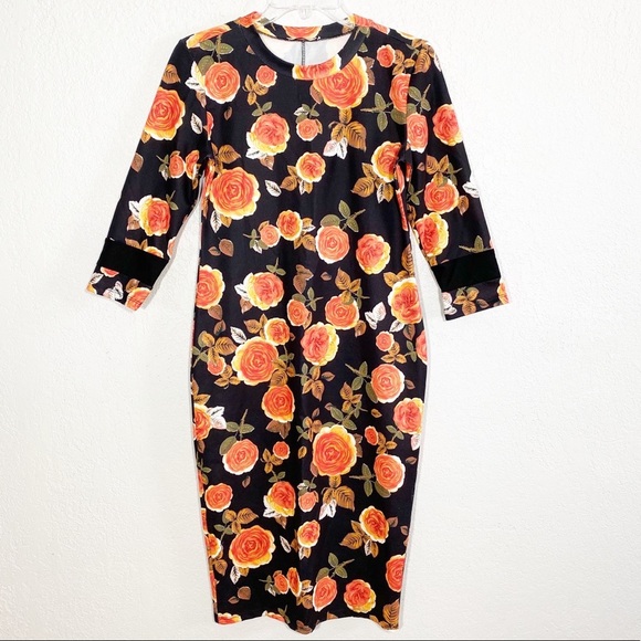 ZARA Black Orange Floral Midi Bodycon Dress, S - Picture 2 of 7